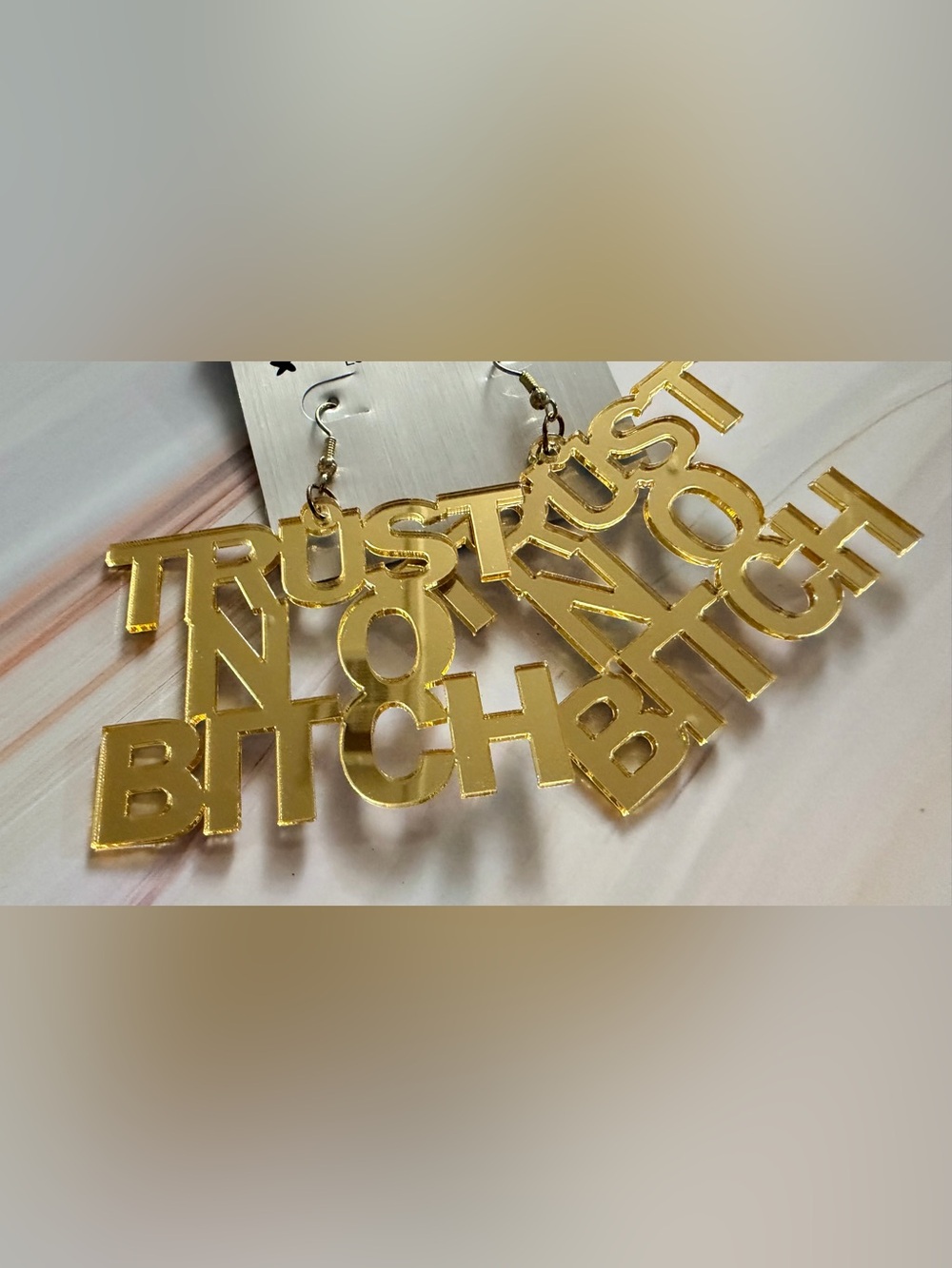 "Trust No B***ch " Gold Mirrored Y2K Statement Earrings Hip Hop 3” x 3”